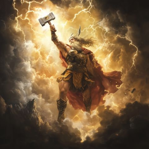 Norse God Holding Hammer in Lightning Storm