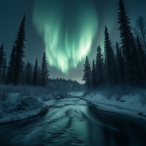 Northern Lights Over a Frozen Forest River