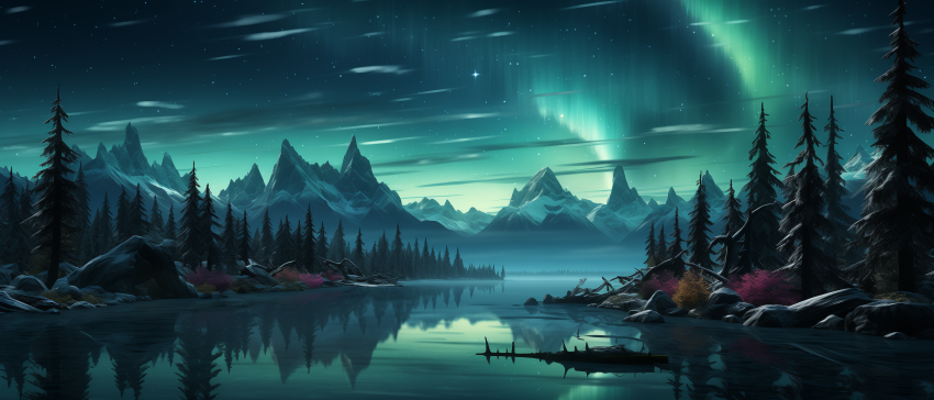 Northern Lights Over Alpine River Valley