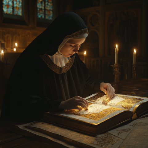 Nun Reading Illuminated Manuscript by Candlelight