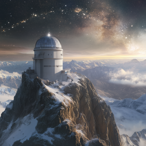 Observatory on Snowy Mountain Peak at Sunset