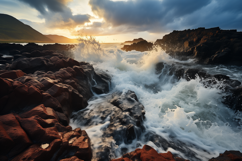 Ocean Surf Explodes Over Rocky Coastline