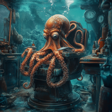Octopus Barber in Underwater Shop