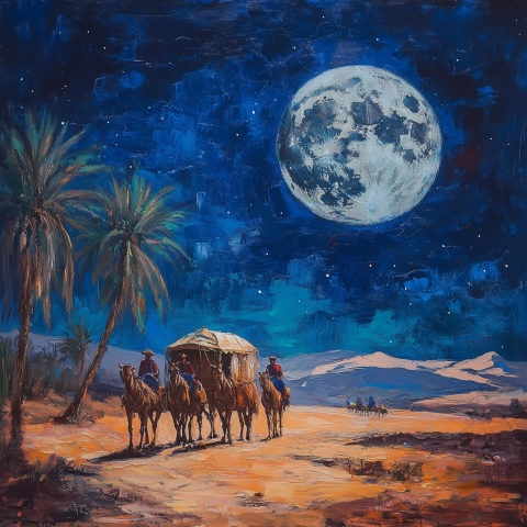 Oil Painting of Desert Caravan Under Full Moon