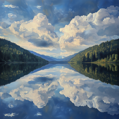 Oil Painting of Mountains Reflected in Lake