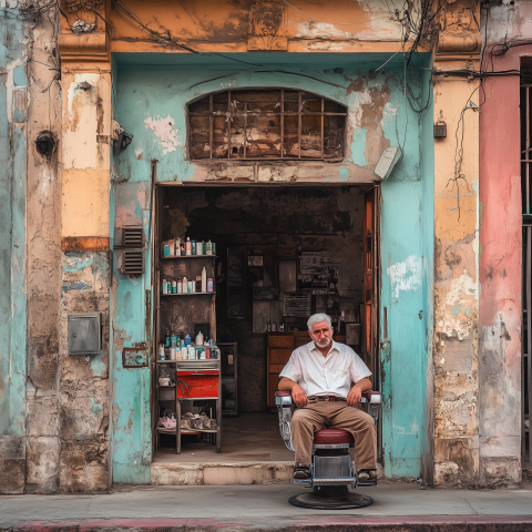 Old Barber Shop with Seated Barber Outside
