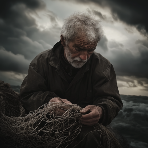 Old Fisherman Mending Net by Stormy Sea