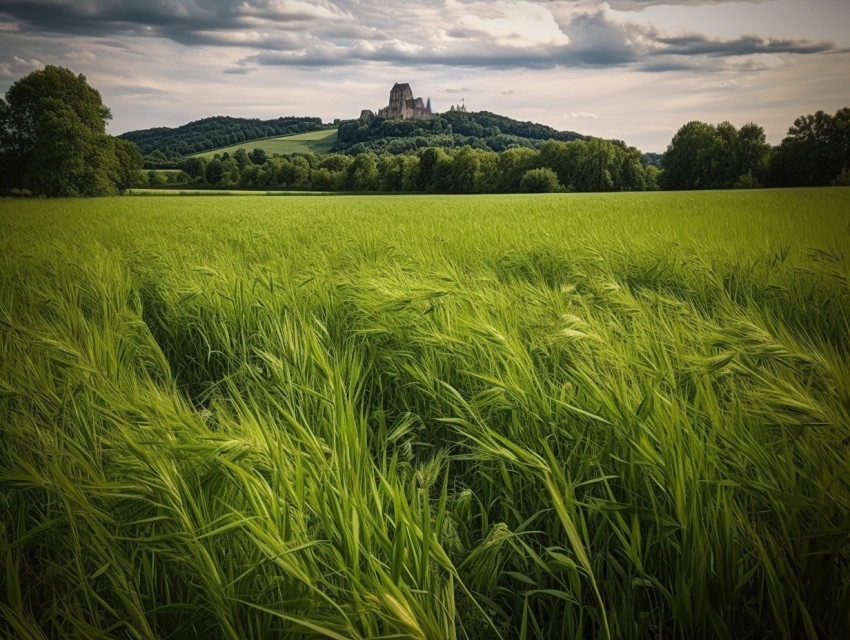 Old french chateau and a green field