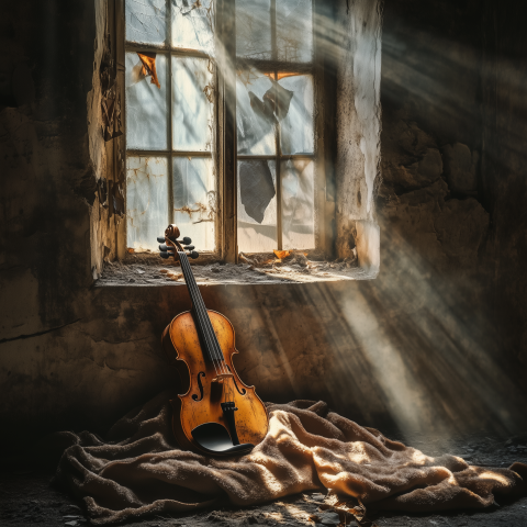 Old Violin in Abandoned Room with Light Rays