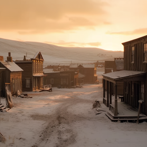 Snowy Old Western Town at Sunset