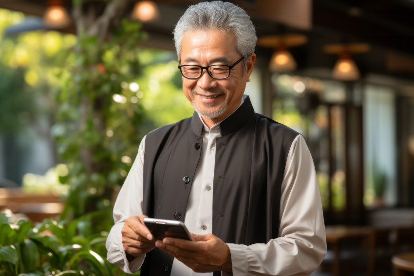 Older man holding a mobile phone