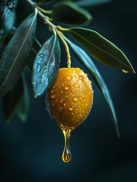 Olive Dripping Golden Oil with Dew-Covered Leaves