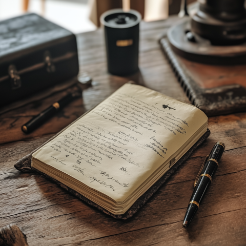Open Journal and Fountain Pen on Rustic Desk
