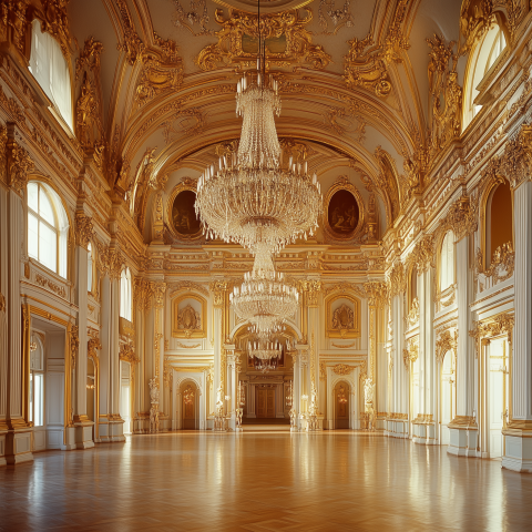 Opulent Ballroom with Golden Decor and Chandeliers