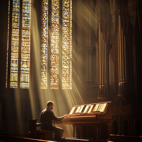 Organist Playing in Sunlit Cathedral