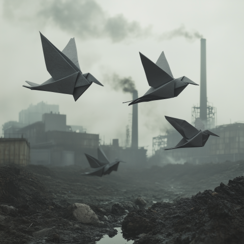 Origami Birds Fly Through Polluted Zone