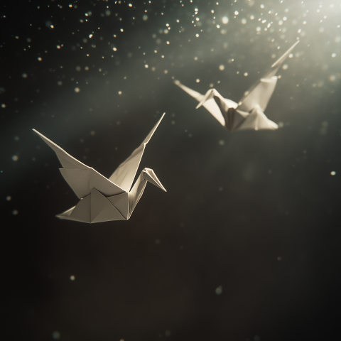 Origami Cranes Floating in Soft Light