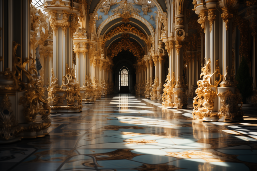 Ornate Golden Palace Corridor with Arched Ceilings