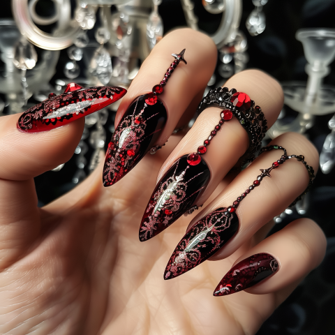 Ornate Gothic Nail Art with Jewelry