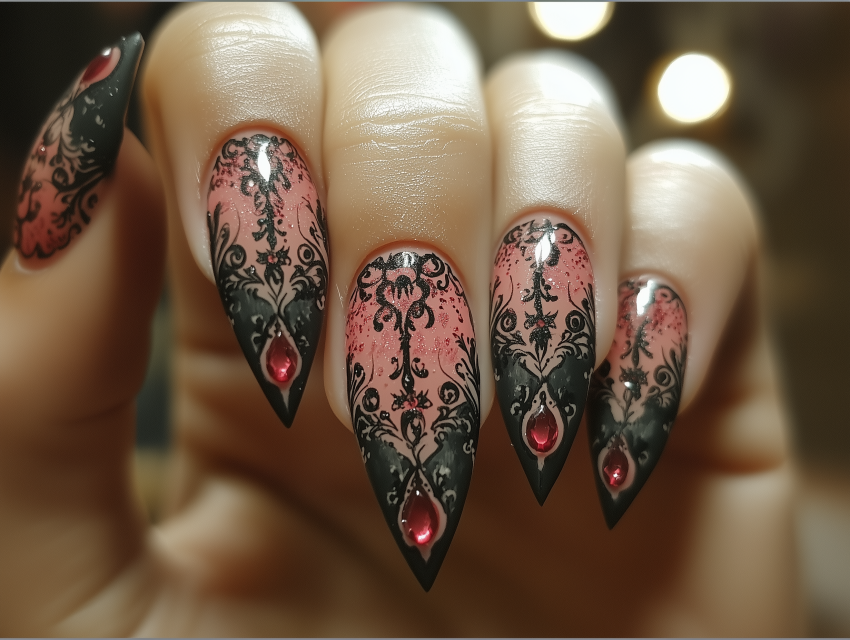 Ornate Gothic Nail Art with Red Accents