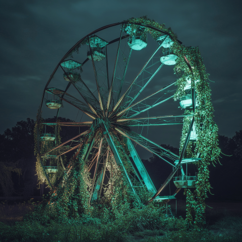 Overgrown Ferris Wheel in Moonlit Field