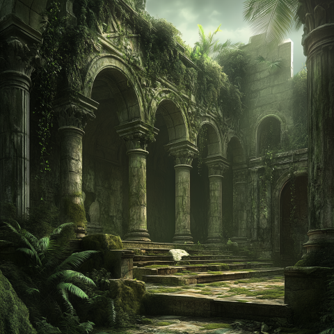 Overgrown Ruins of Ancient Stone Courtyard