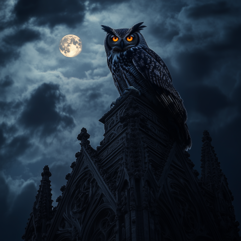 Owl Perched on Gothic Tower at Night