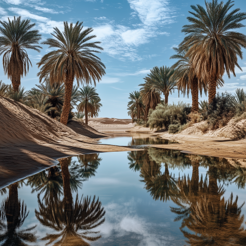 Palm Trees and Oasis in Desert Landscape