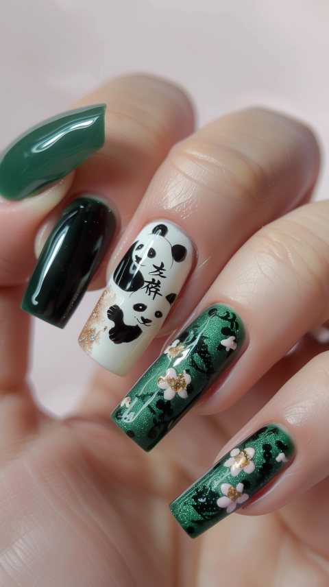Panda and Floral Green Nail Art Design