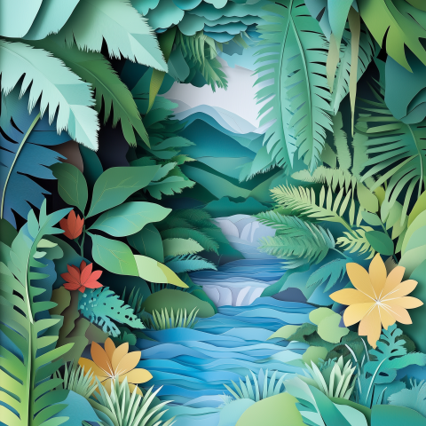 Paper-Cut Jungle with River and Mountains