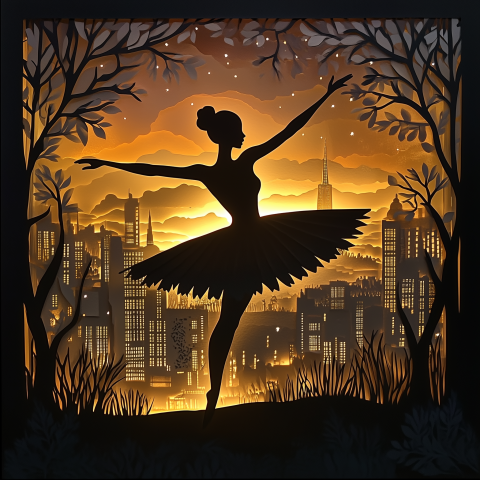 Paper Cut Silhouette of Ballerina at Sunset