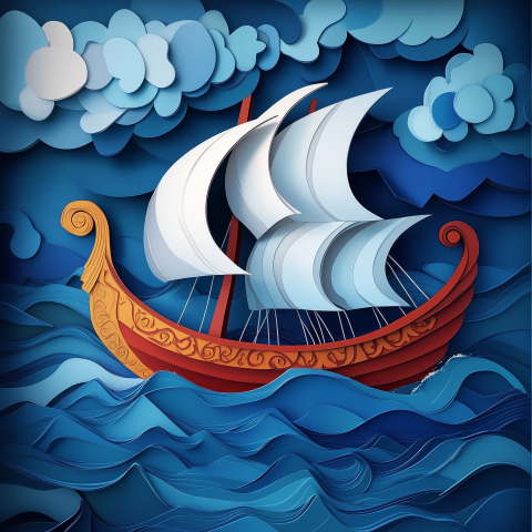 Paper Cutout Sailing Ship in Stormy Seas