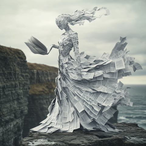 Paper Woman Reading on Cliff Edge