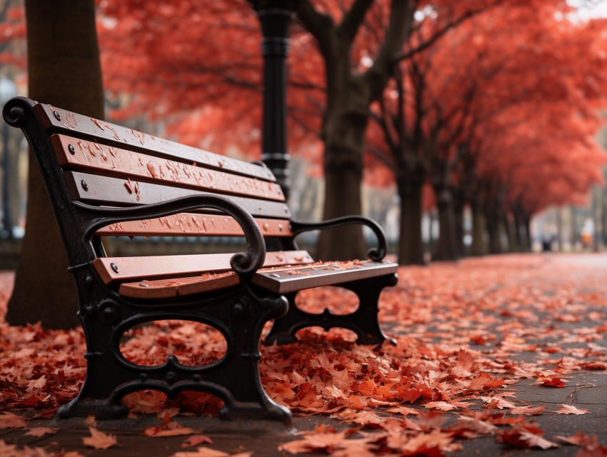 Park Bench with Red Autumn Leaves
