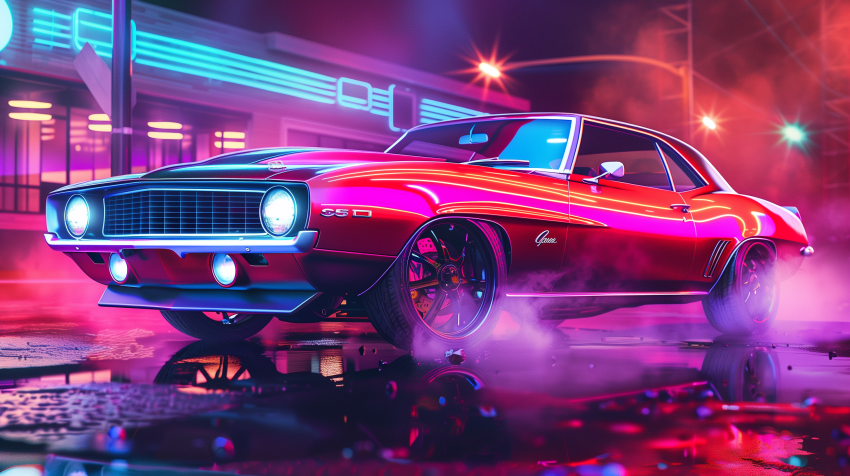 American muscle car parked Under Neon lights