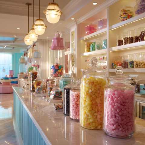 Pastel Colored Candy Store With Glass Jars