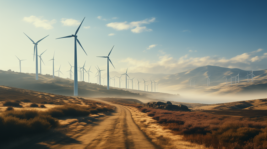 Path Through Wind Farm in Morning Haze