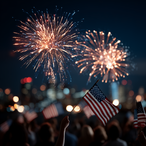 Patriotic Fireworks Display Over City Crowd