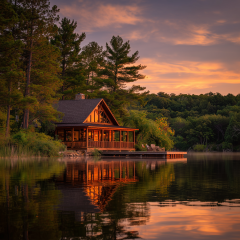 Peaceful Lakeside Cabin at Sunset