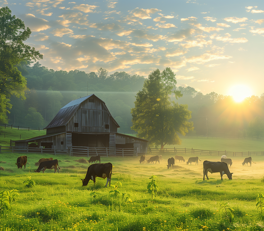 Peaceful Sunrise with Grazing Cows