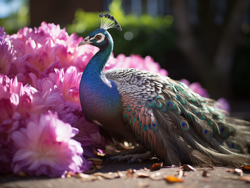 Peacock Beside Pink Flowers