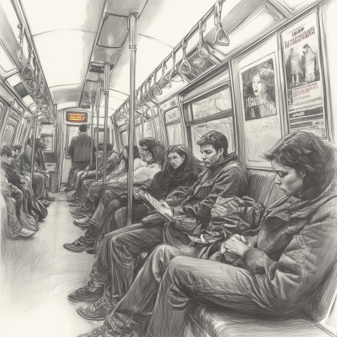 Pencil Drawing of People on Subway