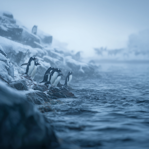Penguins Entering Icy Coastal Waters