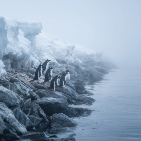 Penguins Lined Along Frozen Shore