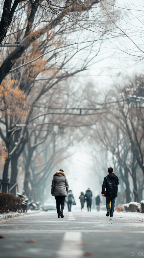 People Walking Along a Winter Road