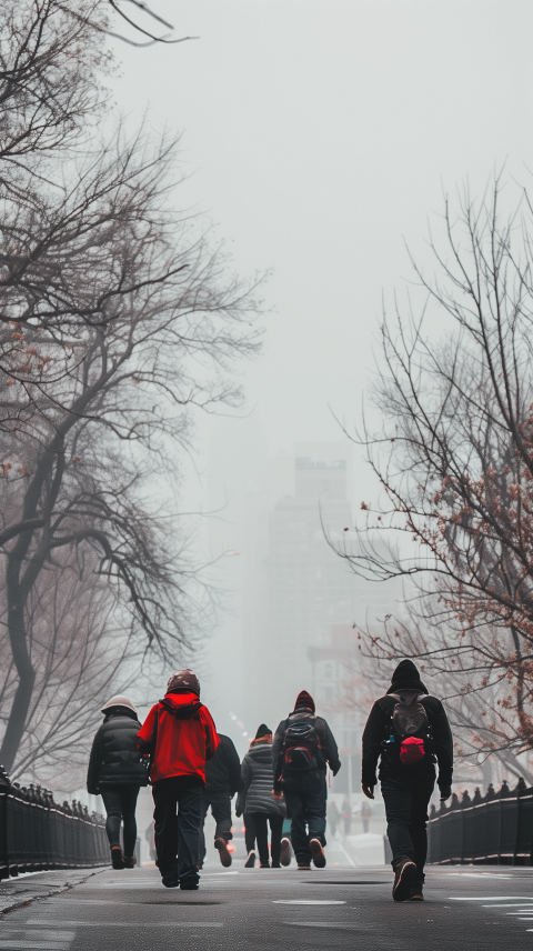 People Walking in Foggy Urban Park
