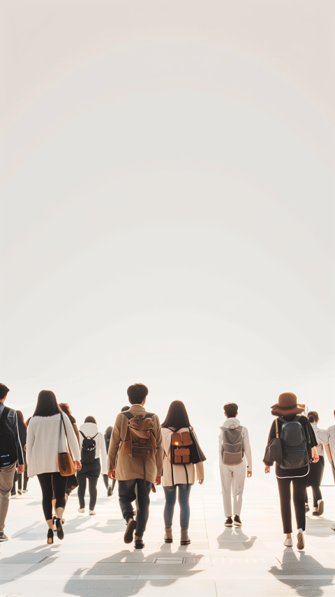 People Walking Toward a Bright Horizon