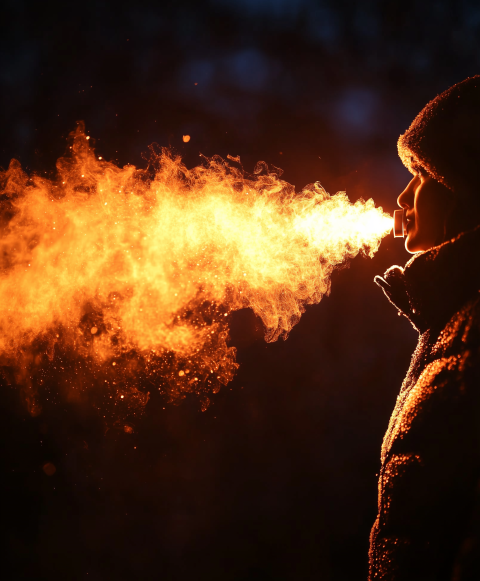 Person Exhaling Steam in Cold Night Air