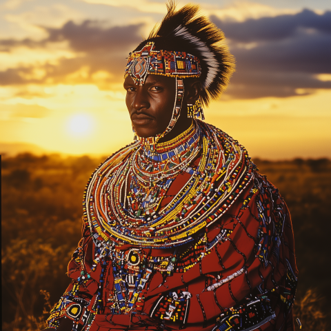 Person in Traditional Regalia at Sunset