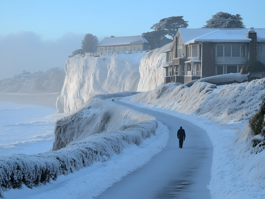 Person Walking on Snowy Coastal Path